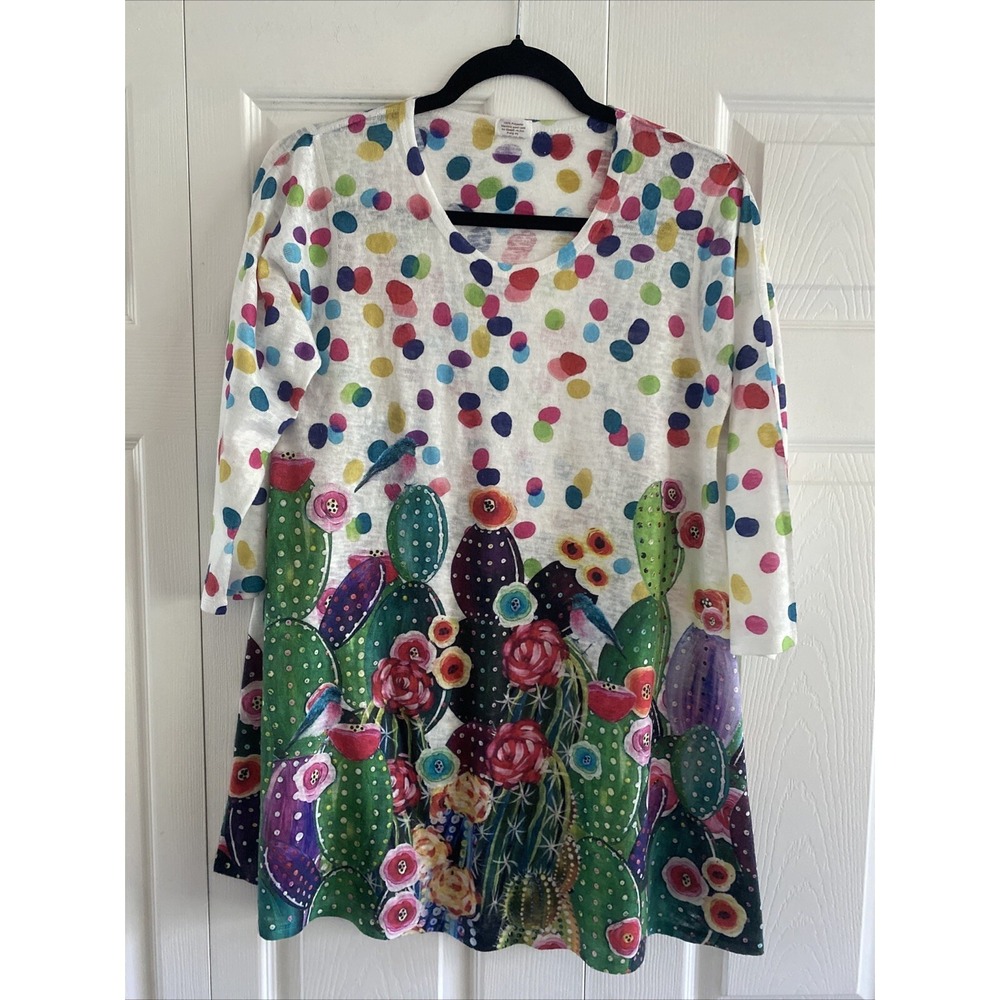 Et Lois Cactus Floral Polka Dot Tunic Womens Size S White Multi Boho Art to Wear